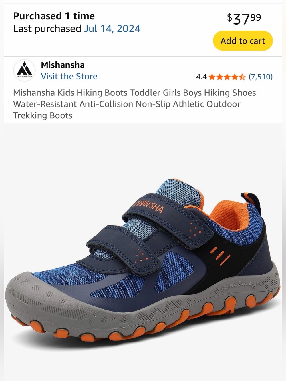 Mishansha Kids Navy Blue and Orange Velcro Hiking Sneakers 12T